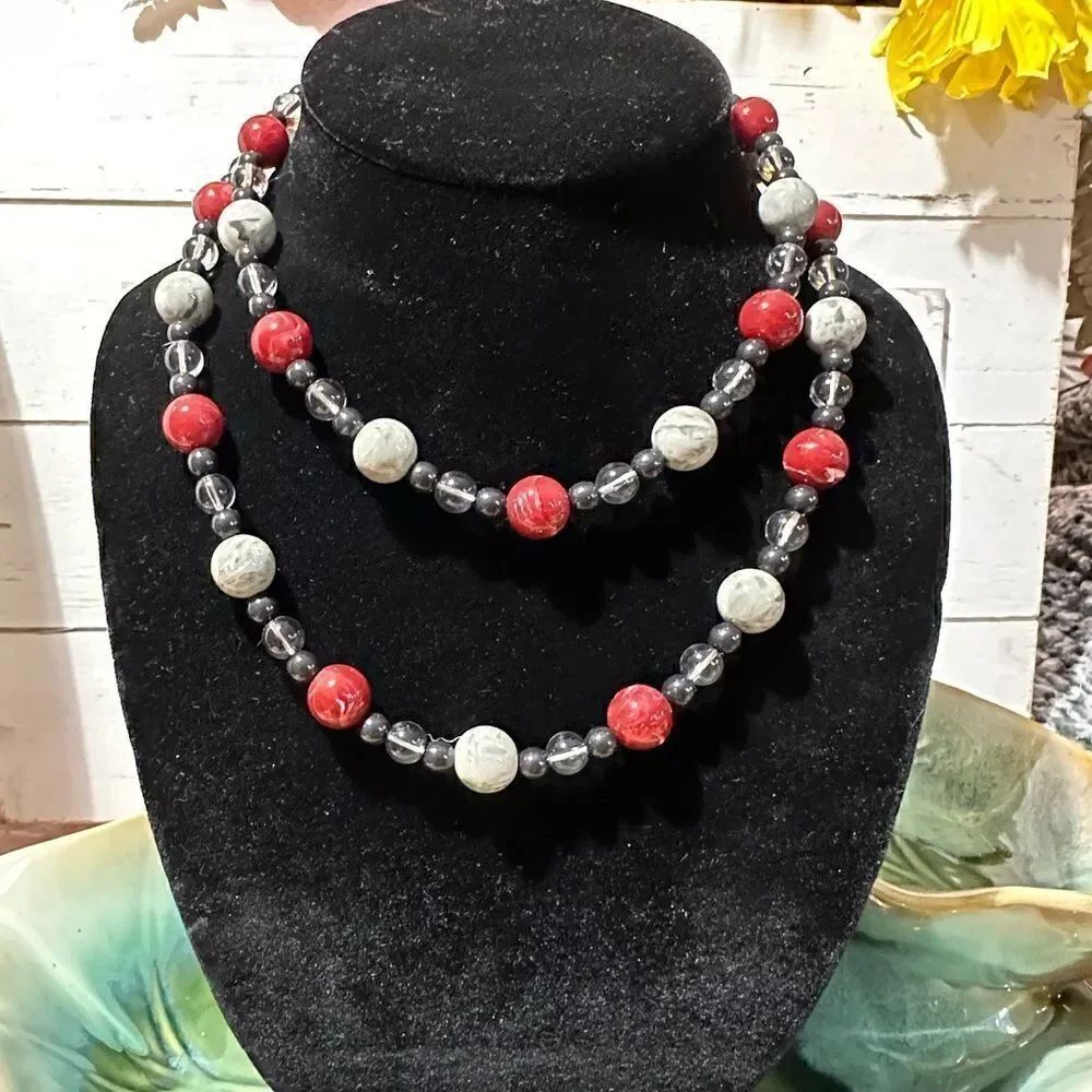 Vintage Monet Multi Color Necklace 34” Reds Gray & Clear Colors